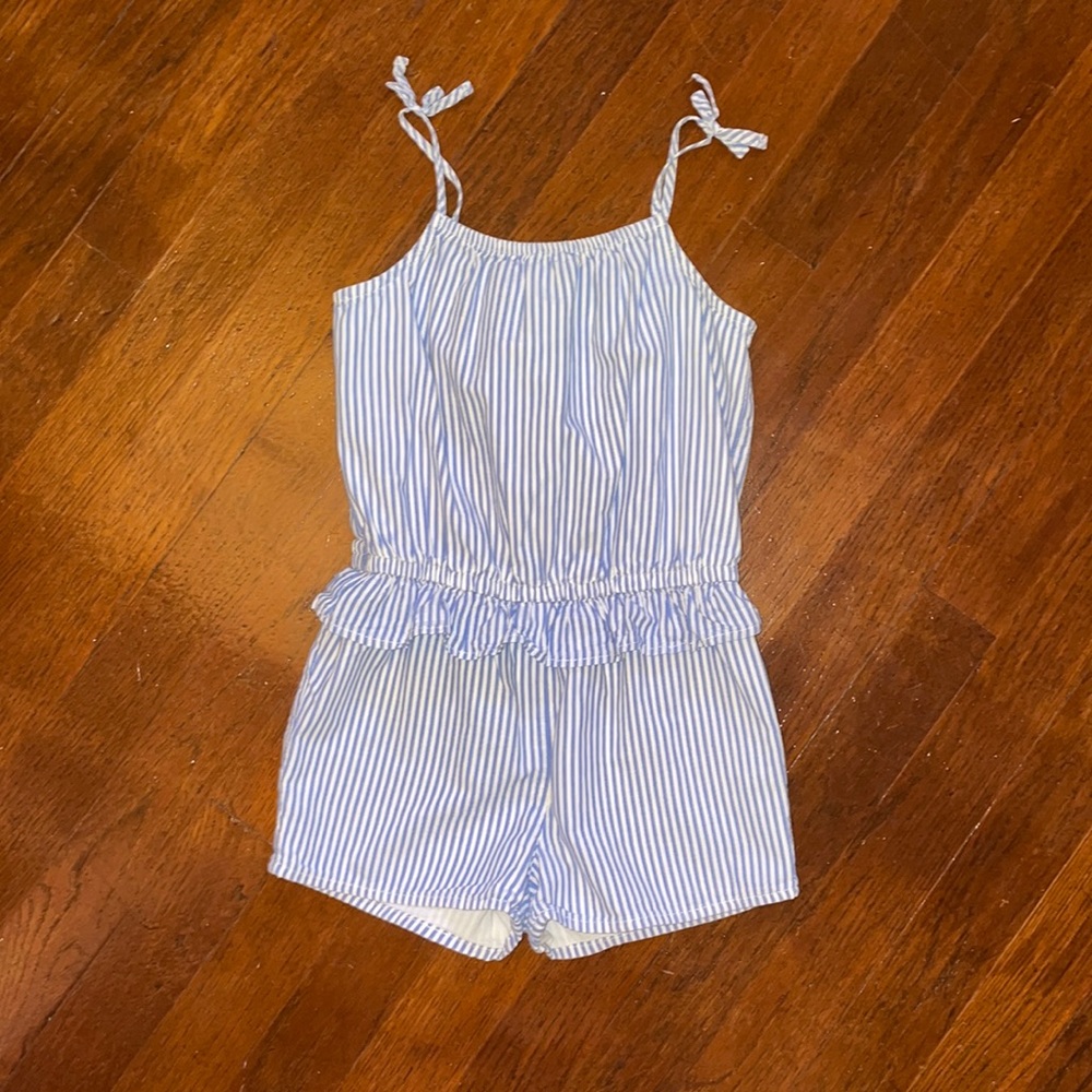 Girls OshKosh B’gosh Blue and White Classic Striped Ruffle Romper Size 4T